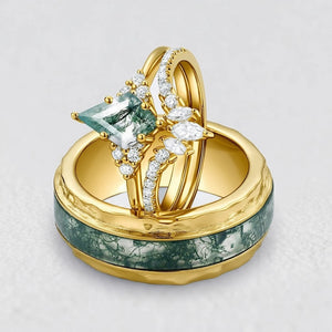 Genevieve’s Harmony | Luxurious Eternal Moss Agate Couple Ring Set 3pcs.