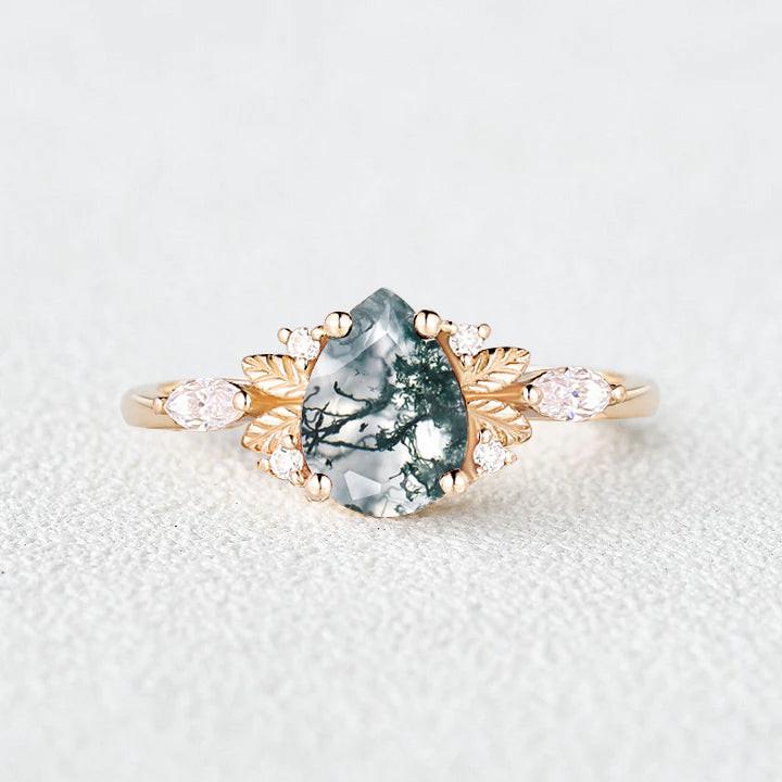 Susan Unique Leafy Pear Shaped Moss Agate Engagement Fairy Ring.