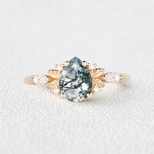 Susan Unique Leafy Pear Shaped Moss Agate Engagement Fairy Ring.