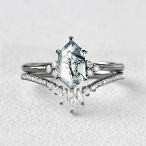 Lydia Long Hexagon Moss Agate Bridal Ring Set 2pcs.