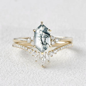 Lydia Long Hexagon Moss Agate Bridal Ring Set 2pcs.