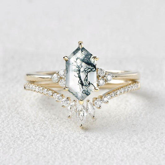 Lydia Long Hexagon Moss Agate Bridal Ring Set 2pcs.