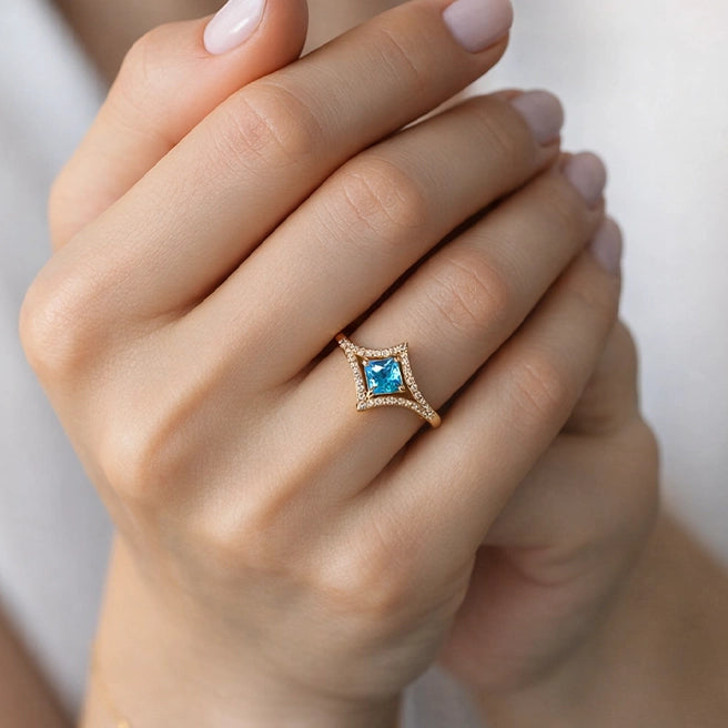 Marina’s Sparkle | 2CT Princess Cut Blue Sapphire Halo Ring.