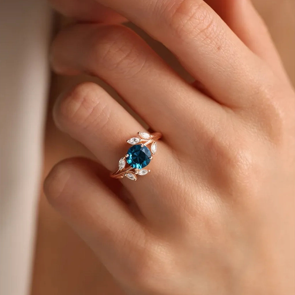 Sylvana 1CT Round Cut Royal Blue Gemstone Vine Ring.