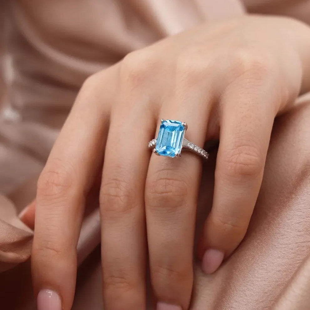 Marina's Tide | 5CT Emerald Cut Blue Gemstone Ring.