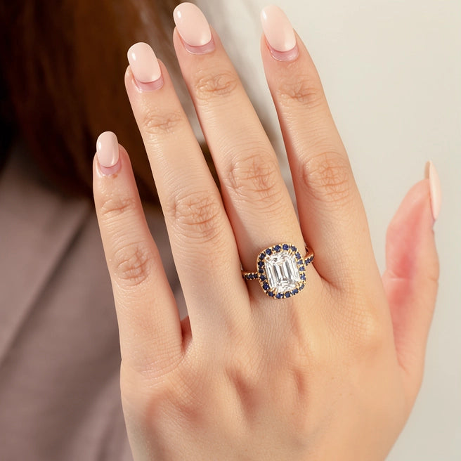 Aurora’s Gleam | 2CT Emerald Cut Halo Moissanite Ring.