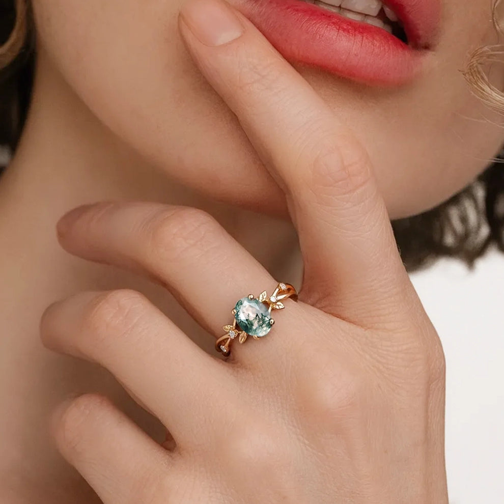 Sylvie’s Twig | Oval Cut Moss Agate Engagement Ring.