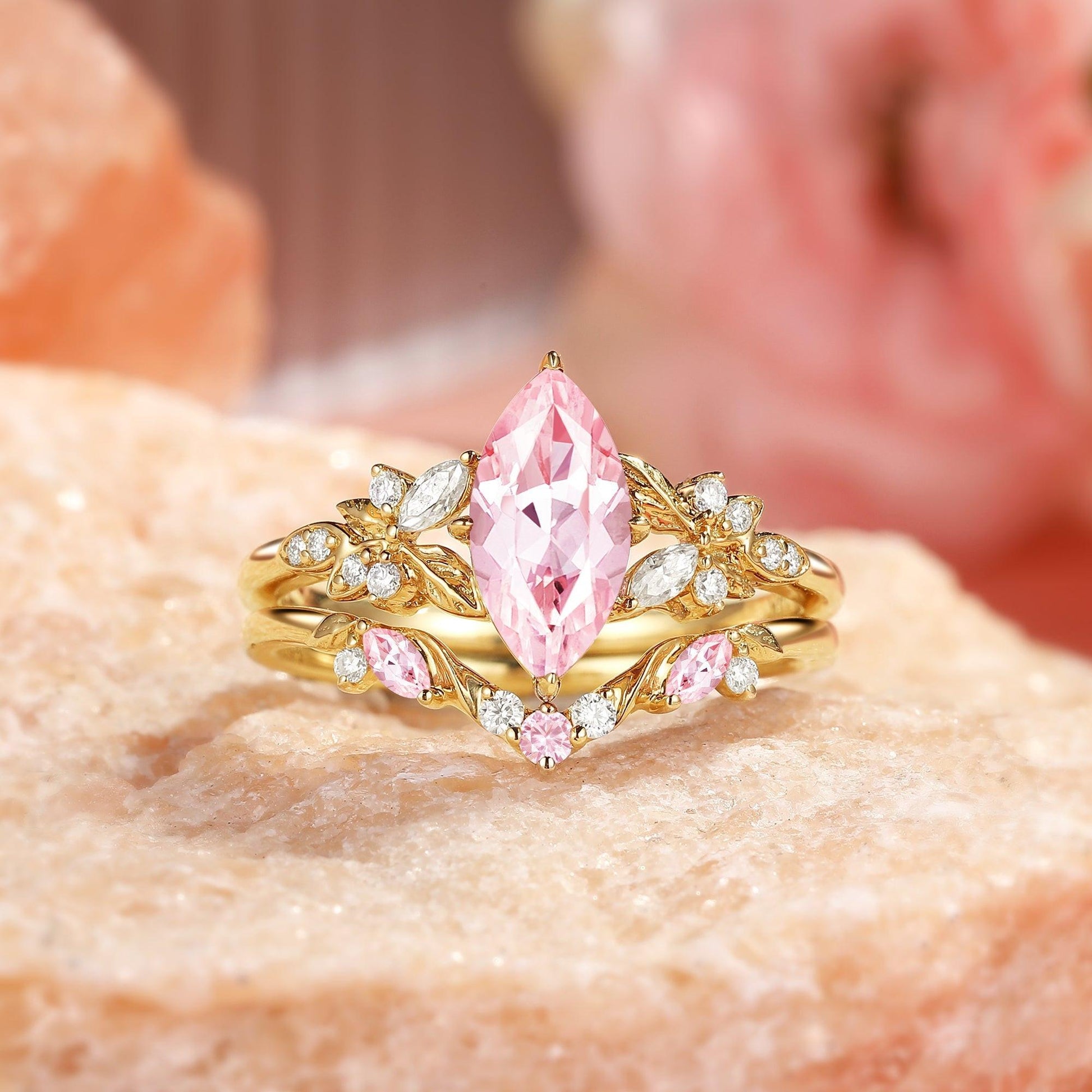 Peony's Bloom | Marquise Pink Sapphire Bridal Set 2pcs.