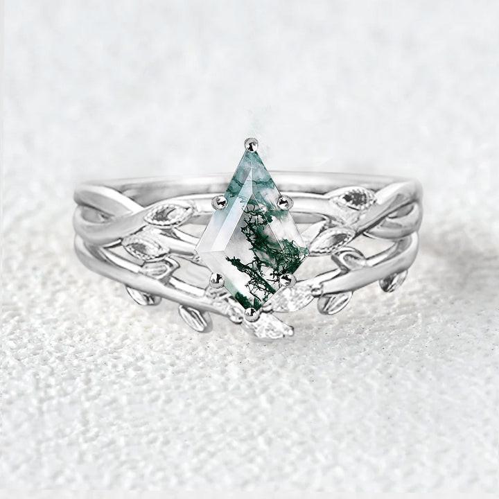 Kite Cut Nature Inspired Moss Agate Ring Sets 2pcs.