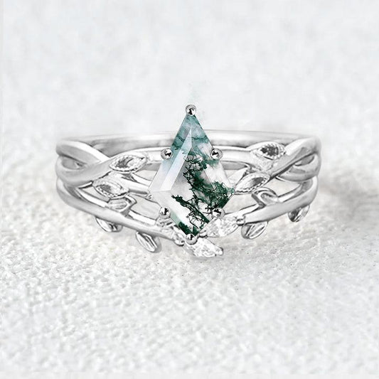 Kite Cut Nature Inspired Moss Agate Ring Sets 2pcs.
