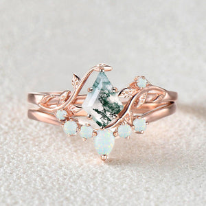 Willow Colorful Stones Unique Kite Cut Moss Agate Leafy Bridal Ring Sets 2pcs.