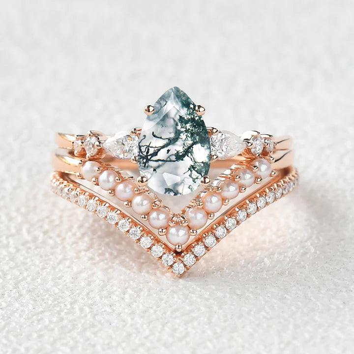 Pear Shaped Moss Agate Pearl Stacking Engagement Ring Set 3pcs.
