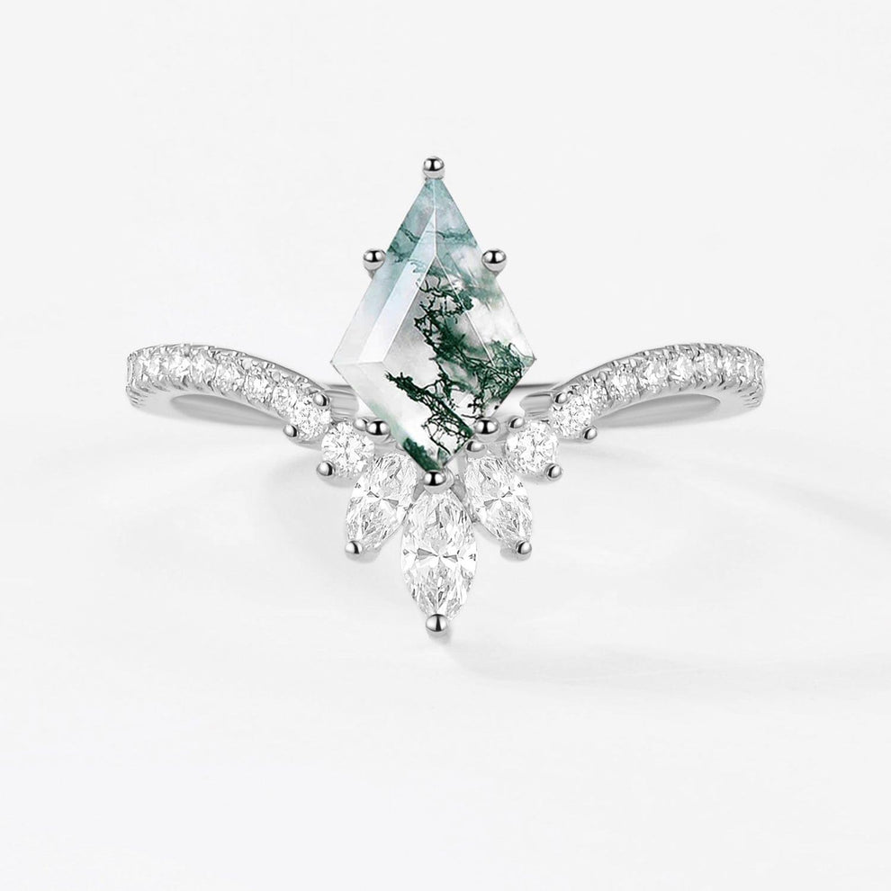 Kite Cut Moss Agate Chevron Engagement Ring - Sylph.