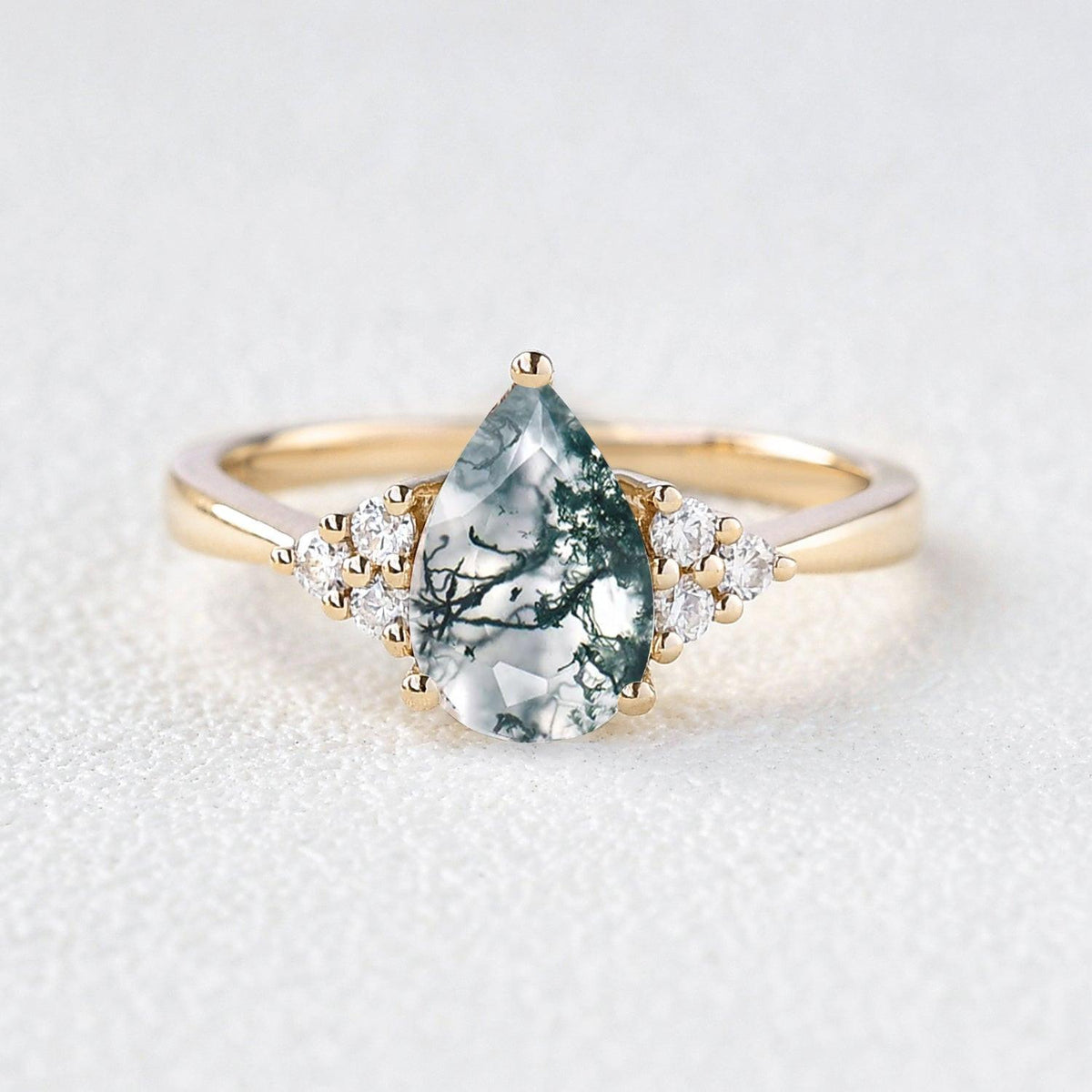 Sylvie’s Dew | Classic Pear Moss Agate Ring with Diamond Accents.