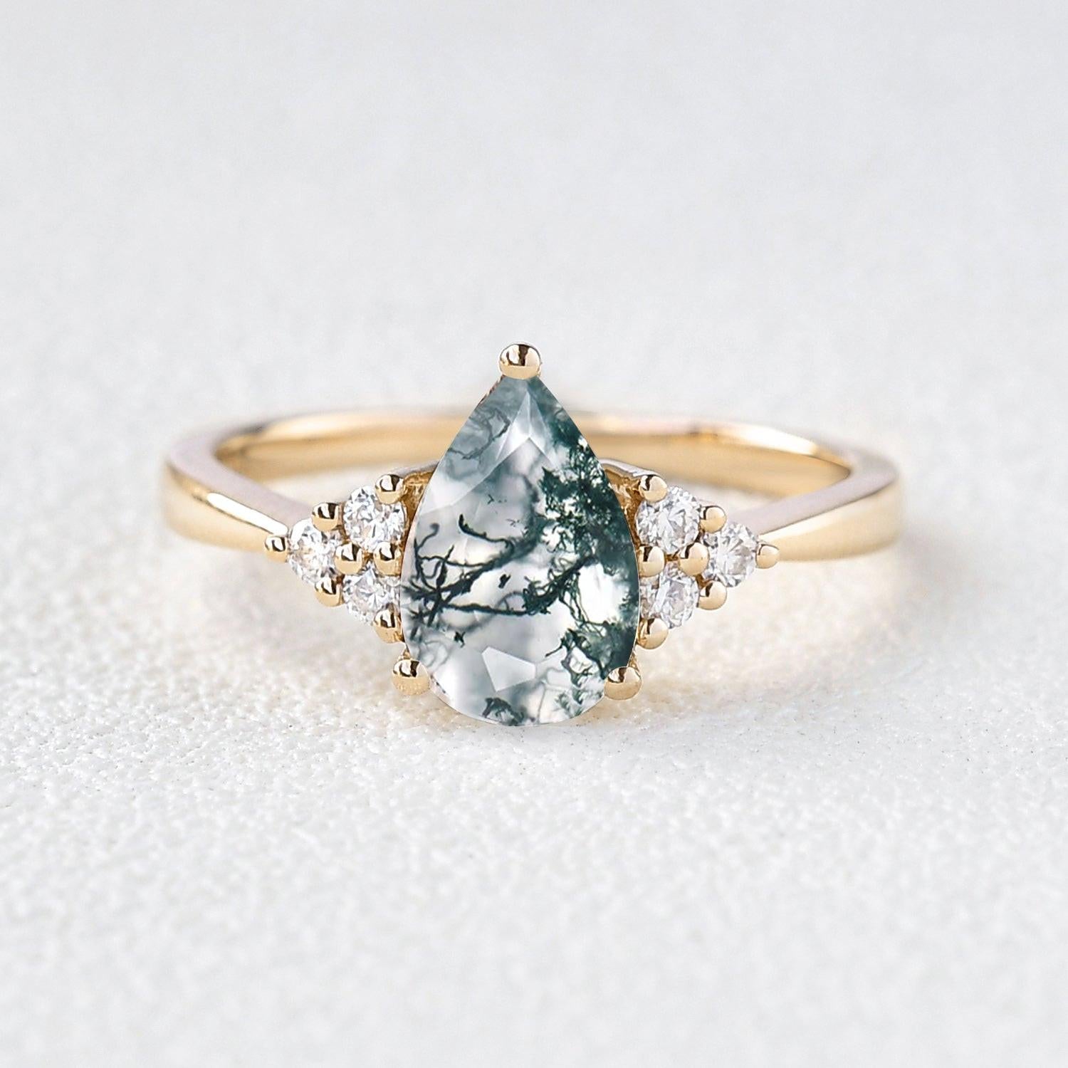 Sylvie’s Dew | Classic Pear Moss Agate Ring with Diamond Accents.