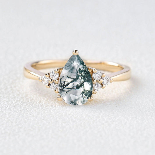 Sylvie’s Dew | Classic Pear Moss Agate Ring with Diamond Accents.