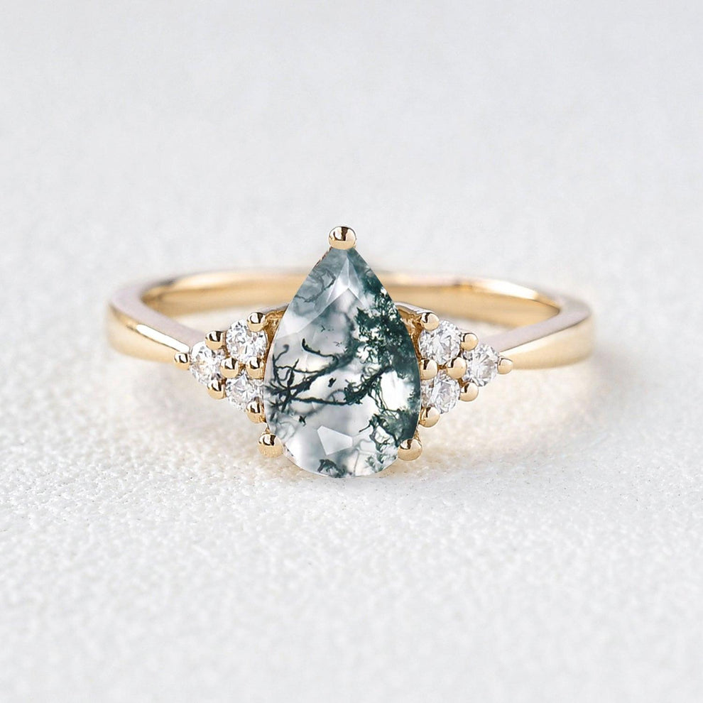 Sylvie’s Dew | Classic Pear Moss Agate Ring with Diamond Accents.