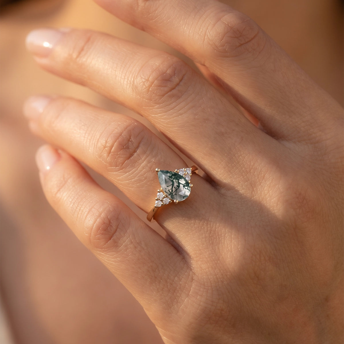 Sylvie’s Dew | Classic Pear Moss Agate Ring with Diamond Accents.