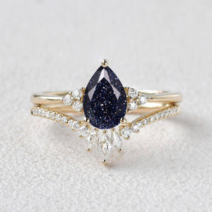 Lydia 1.5ct Signature Pear Vintage Moss Agate Engagement Ring Set 2pcs.