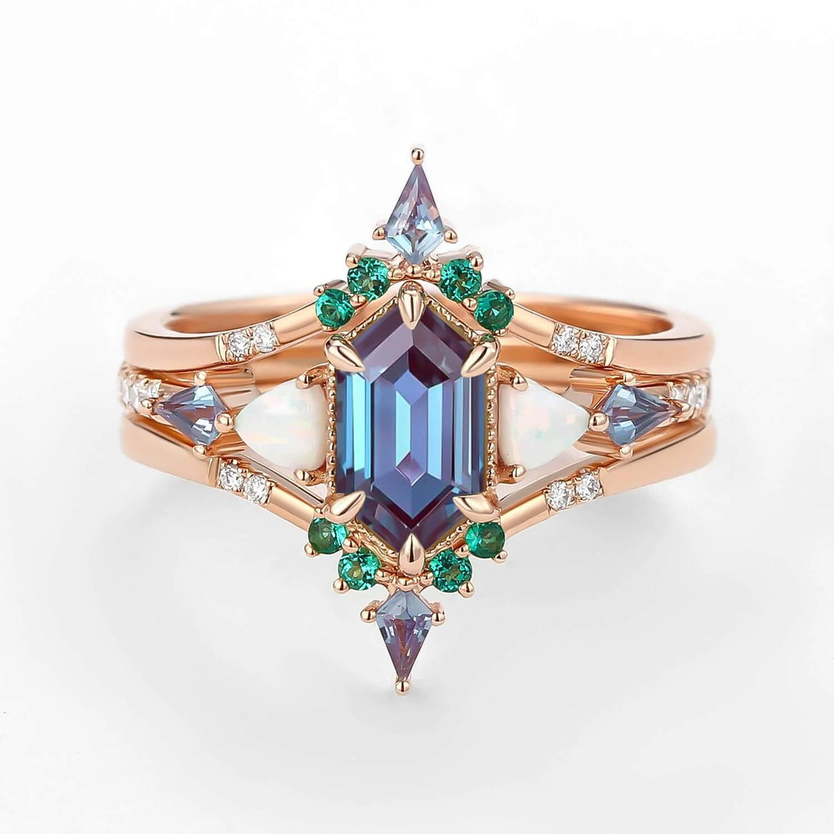 Max Hexagon Moss Agate & Opal & Emerald Engagement Ring Set 3pcs.