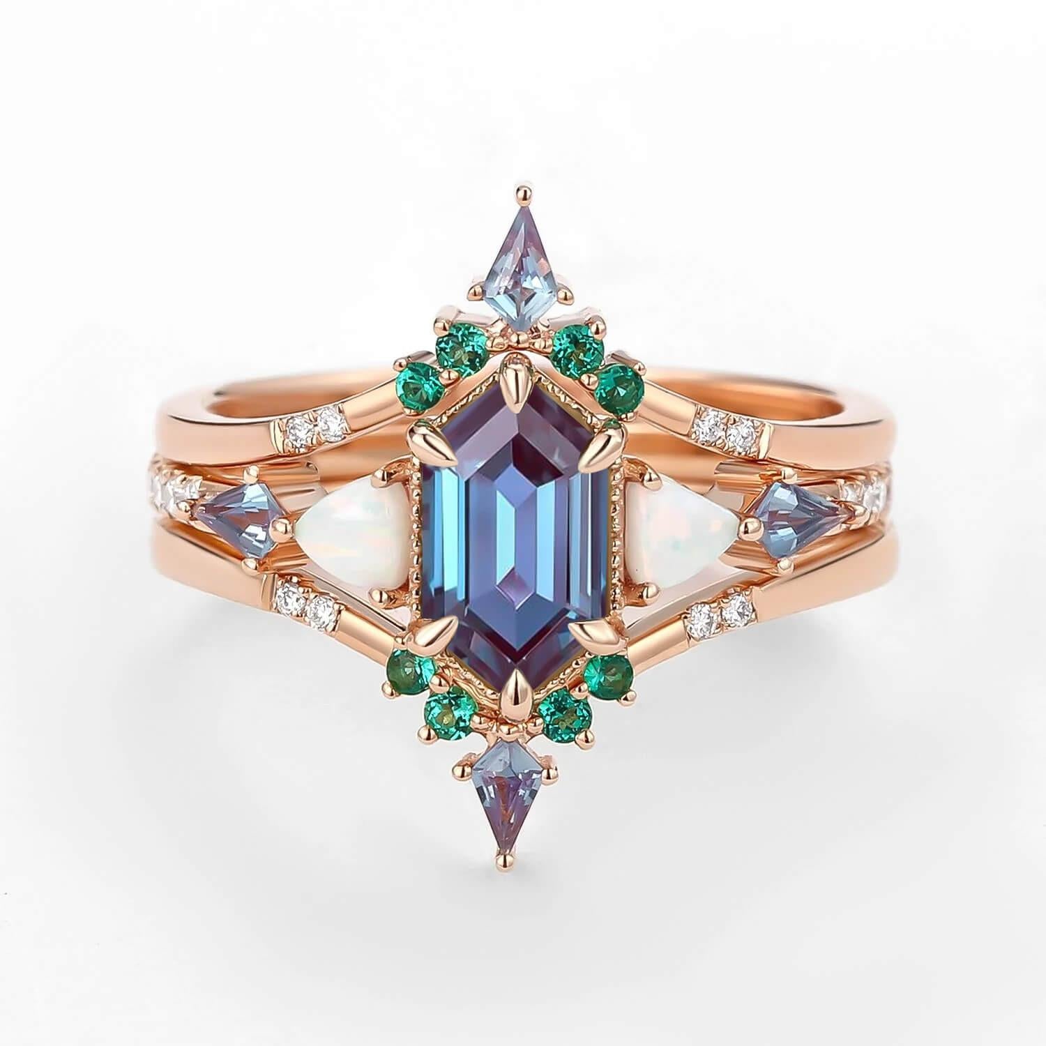 Max Hexagon Moss Agate & Opal & Emerald Engagement Ring Set 3pcs.