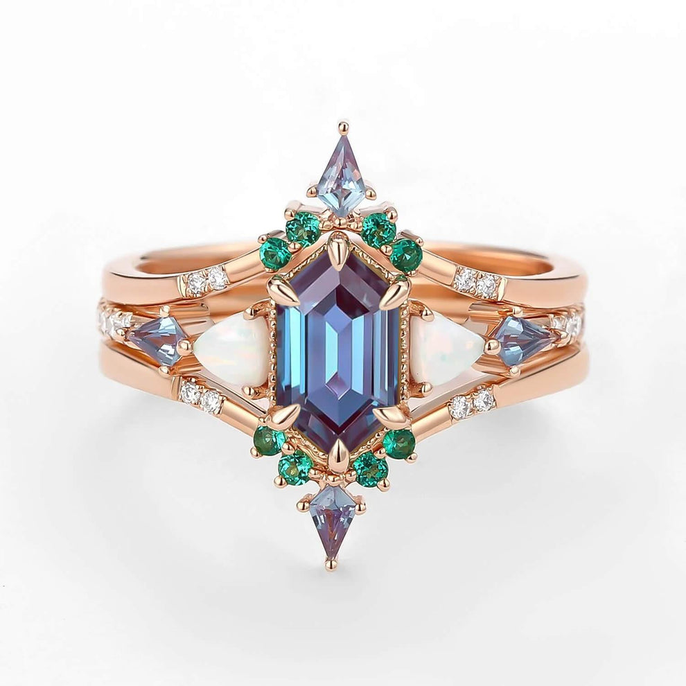 Max Hexagon Moss Agate & Opal & Emerald Engagement Ring Set 3pcs.