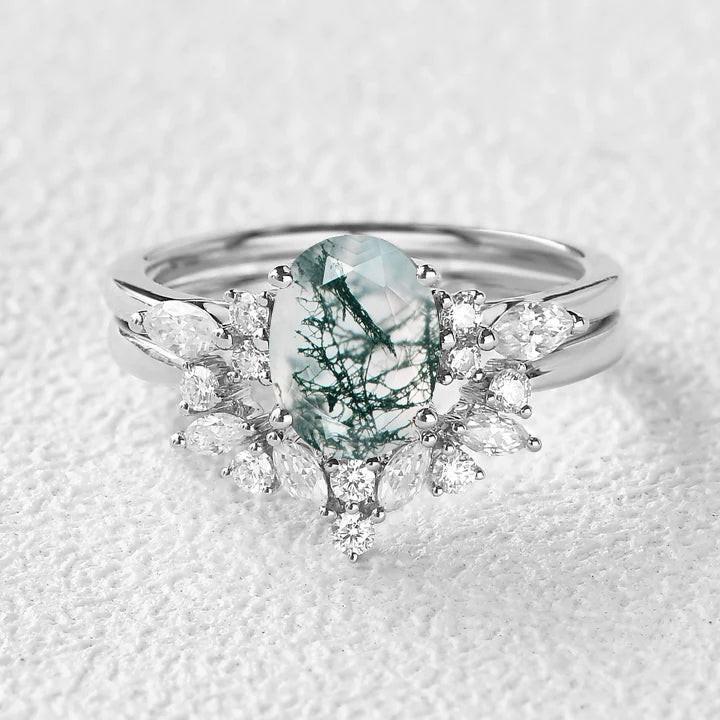 Melisande’s Echo | Oval Cut Moss Agate Bridal Set 2pcs.