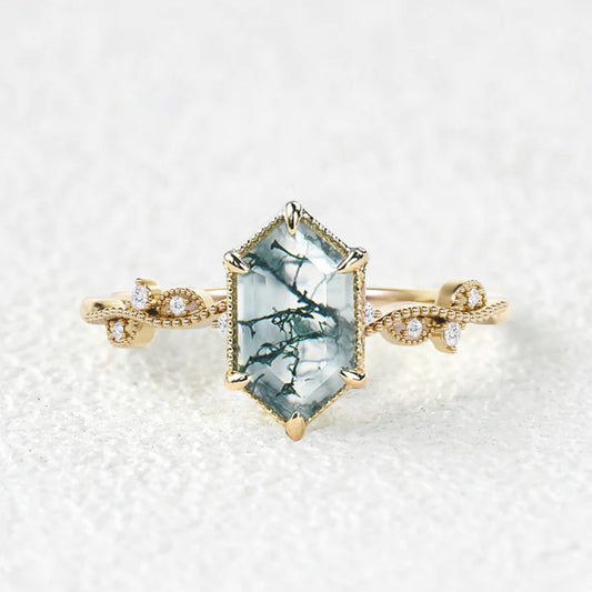 1.5ct Hexagon Moss Agate Vintage Ring