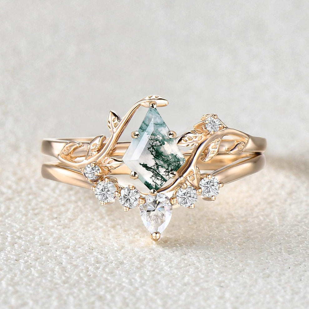 Willow Jewelry Sets Nature Inspired Unique Kite Cut Moss Agate Leafy Ring & Necklace & Earrings Sets 5PCS.