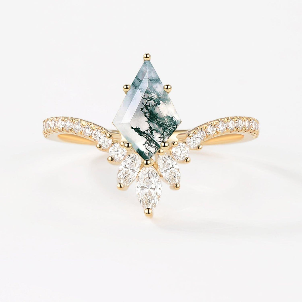 Kite Cut Moss Agate Chevron Engagement Ring - Sylph.
