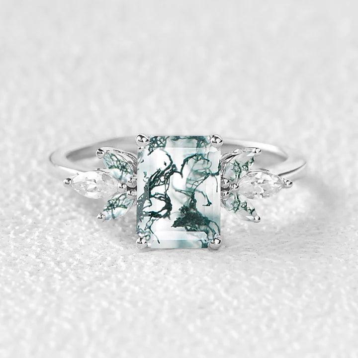 Aethra’s Pinions | Emerald Cut Moss Agate Cluster Wing Engagement Ring.