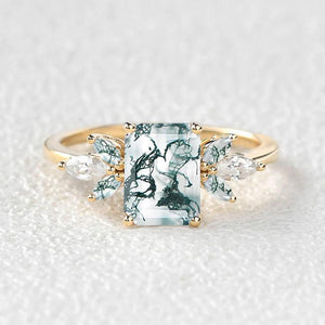 Aethra’s Pinions | Emerald Cut Moss Agate Cluster Wing Engagement Ring.
