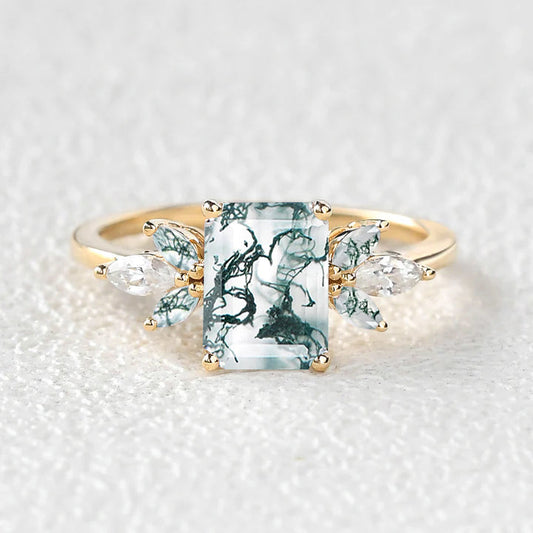 Emerald Cut Moss Agate Cluster Wing Engagement Ring