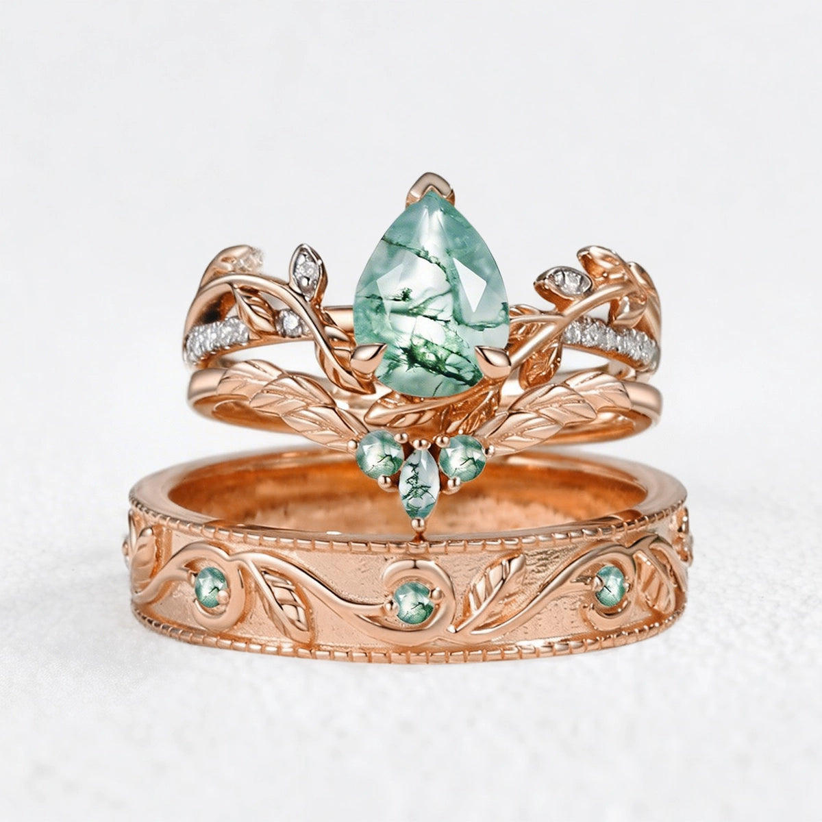 Juniper’s Copse | Pear Cut Moss Agate Cluster Couple Ring Set.