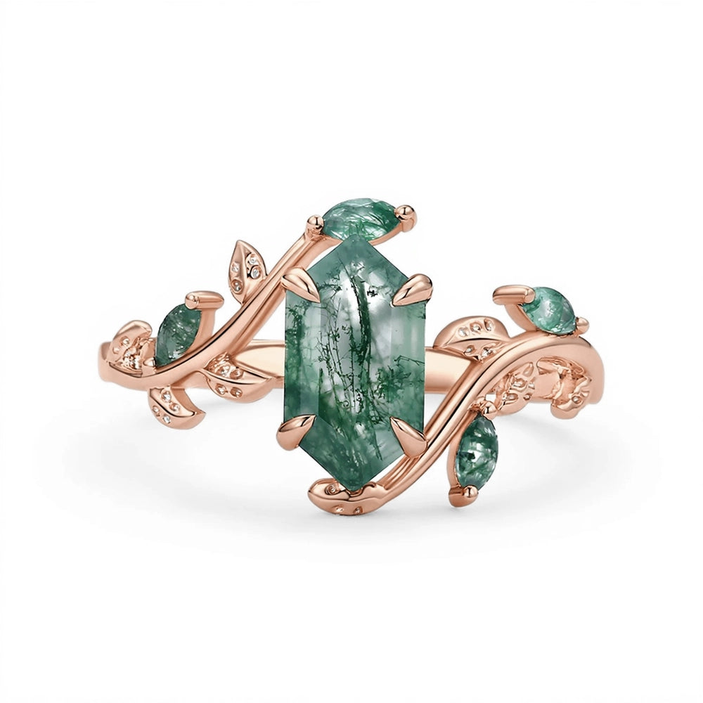 Sylvie’s Herbarium | Vintage Hexagon Moss Agate & Emerald Leafy Engagement Ring.
