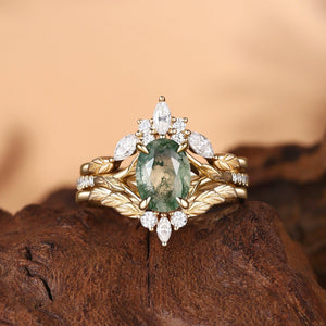 Unique Oval Cut Moss Agate Leafy Cluster Bridal Set.