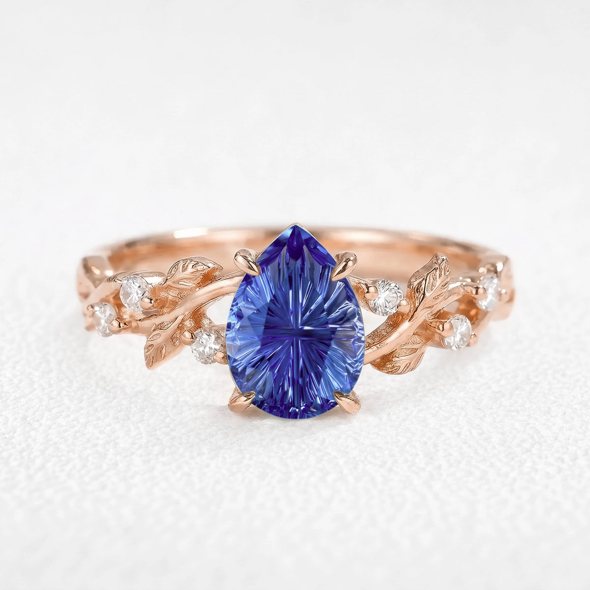 Theodora’s Diadem | Pear Fantasy-Cut Royal Blue Sapphire Foliage Engagement Ring