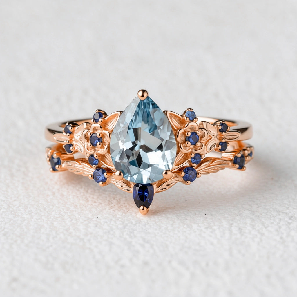 Isolde’s Tide | Vintage Pear Aquamarine & Sapphire Floral Bridal Set 2pcs.