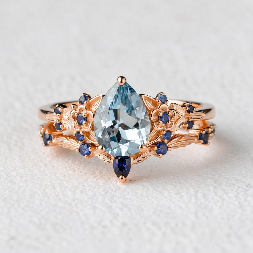 Isolde’s Tide | Vintage Pear Aquamarine & Sapphire Floral Bridal Set 2pcs.
