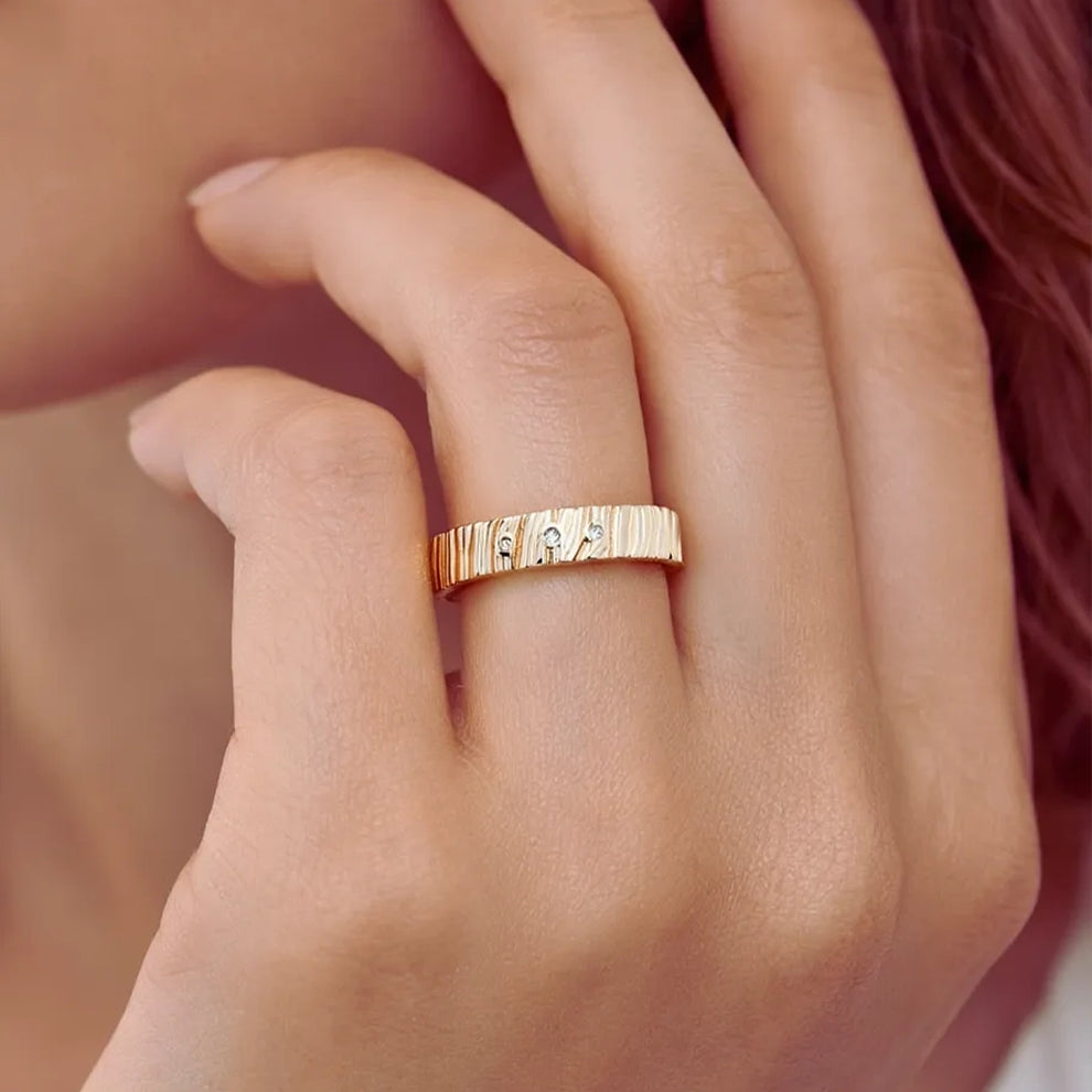 The Grain & Stars | Hand-Carved Wood Texture Band with Diamonds.