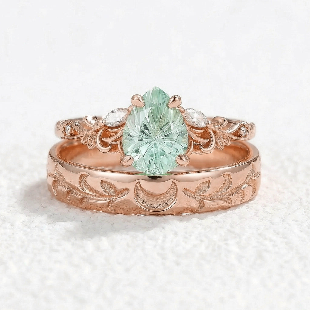 Selene’s Grove | Pear Green Sapphire & Moon Phase Couple Ring Set.