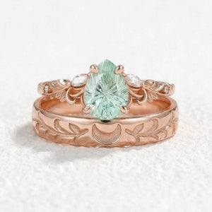 Selene’s Grove | Pear Green Sapphire & Moon Phase Couple Ring Set.