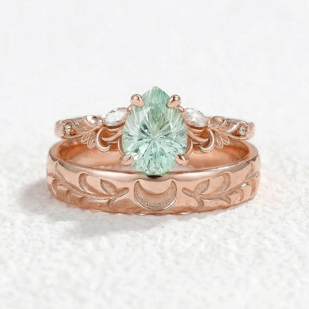 Selene’s Grove | Pear Green Sapphire & Moon Phase Couple Ring Set.