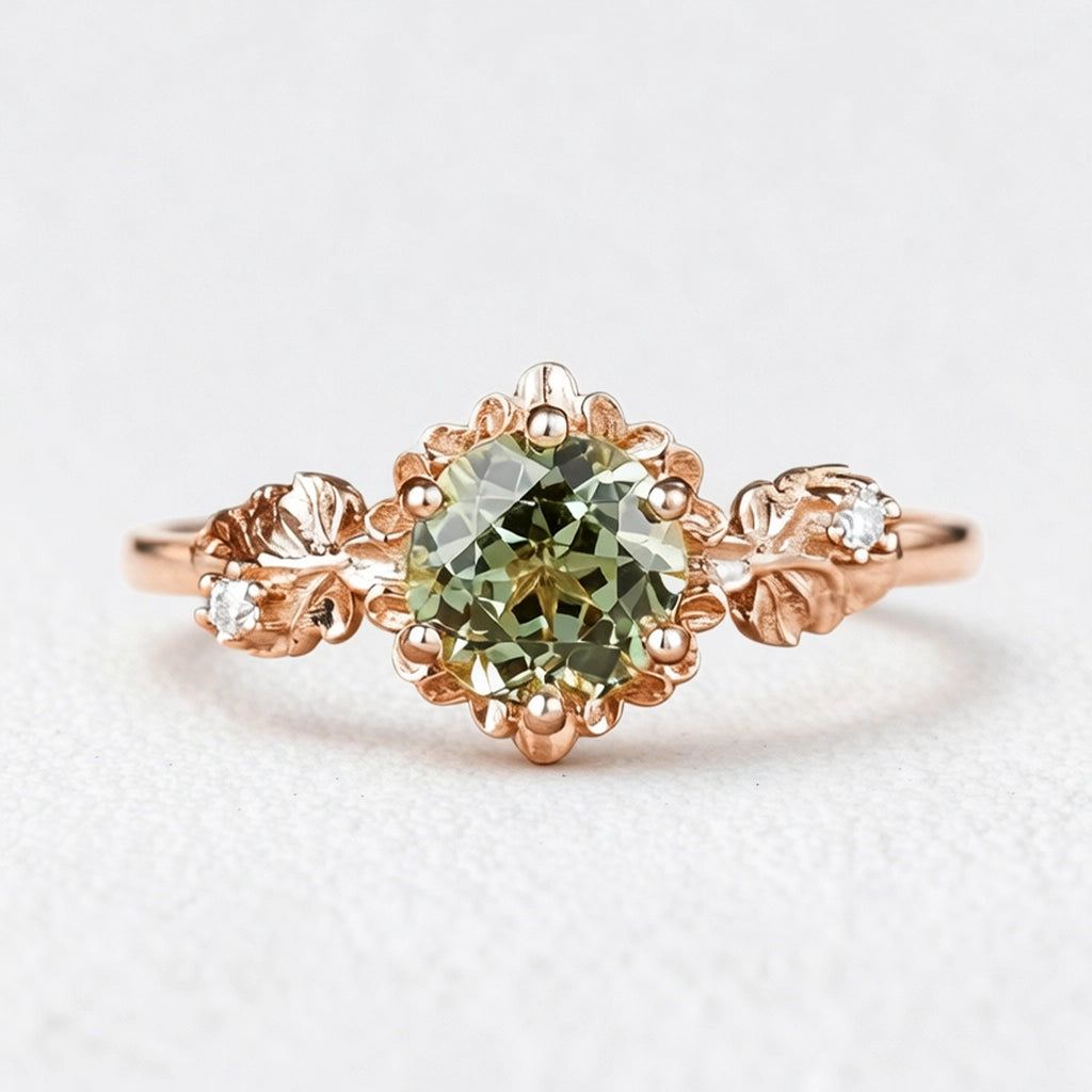 Sylvie’s Blossom | Round Green Sapphire Floral Engagement Ring.