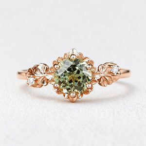 Sylvie’s Blossom | Round Green Sapphire Floral Engagement Ring.