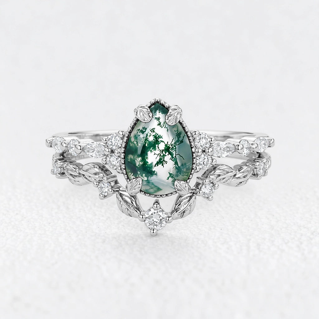 Isadora’s Verdant | Black Gold Pear Moss Agate Leafy Bridal Duo