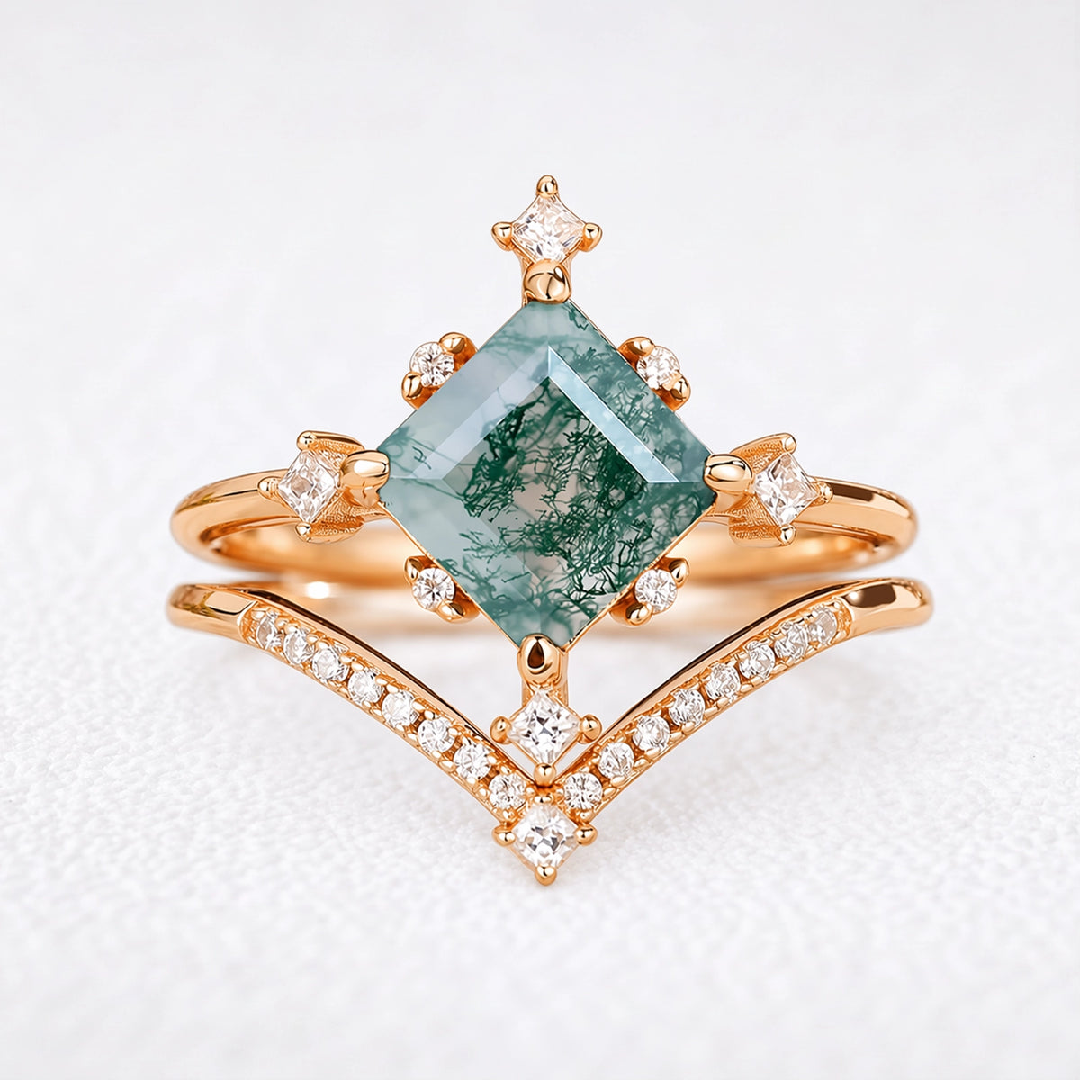 Hazel’s Convergence | Square Cut Moss Agate Chevron Bridal Duo