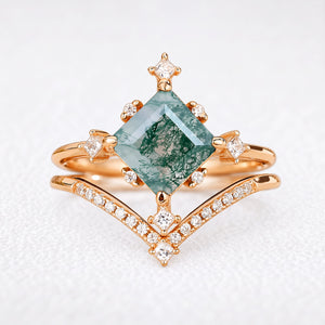 Hazel’s Convergence | Square Cut Moss Agate Chevron Bridal Duo
