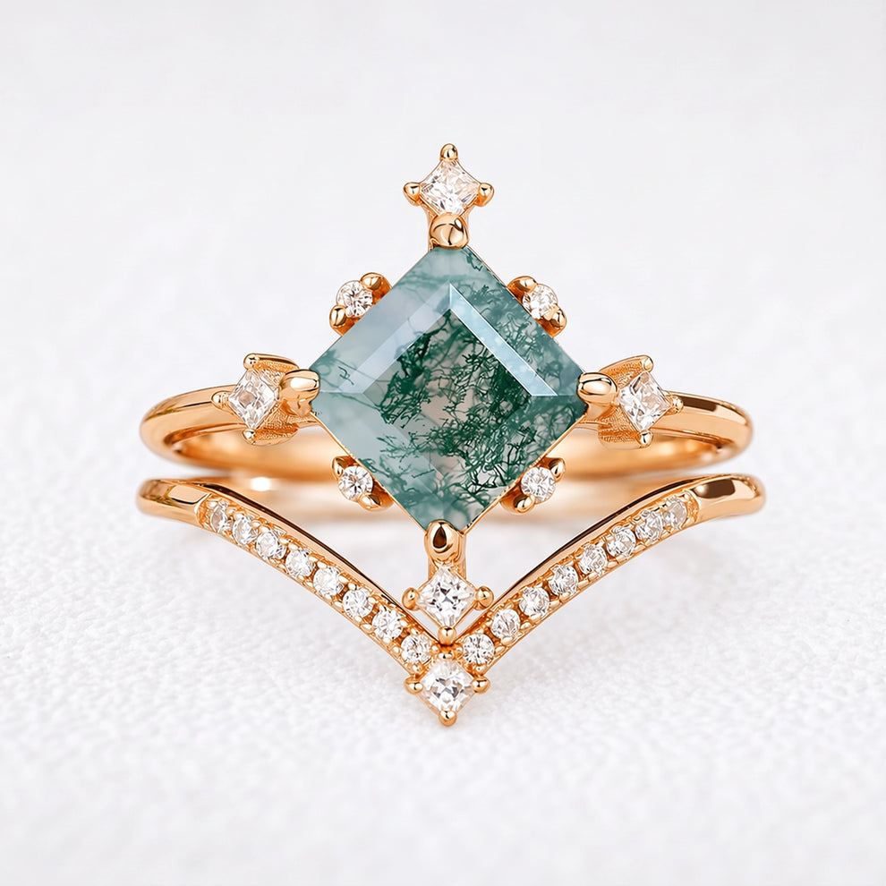 Hazel’s Convergence | Square Cut Moss Agate Chevron Bridal Duo
