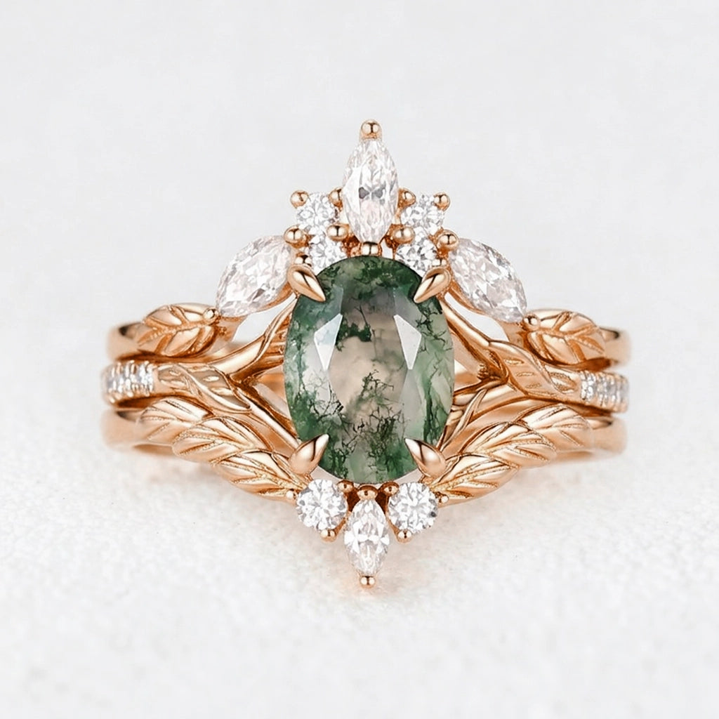 Genevieve’s Garland | Oval Moss Agate Foliage Bridal Trilogy